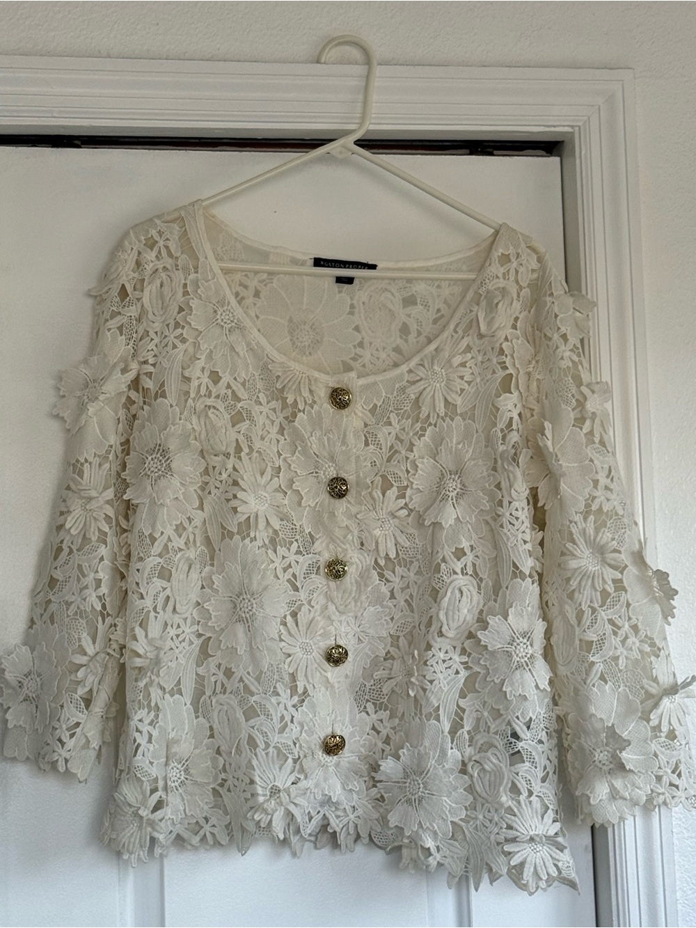 Boston Proper Cream Floral Lace Button-Front Blouse